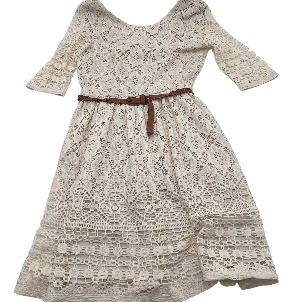 JODI KRISTOPHER XS Crochet Lace Dress Belted Boho Cottage Western‎ Cream Floral